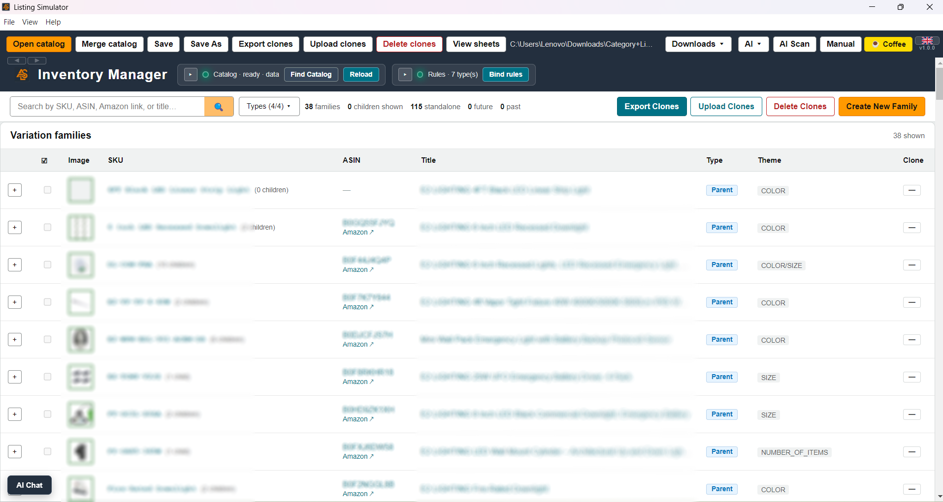 Listing Simulator Inventory Manager screen